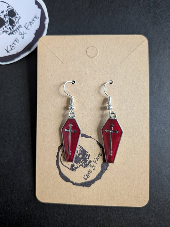 Red Coffin Cross Earrings, Gothic Enamel Drop Earrings, Vampire Aesthetic Jewell