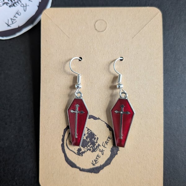 Red Coffin Cross Earrings, Gothic Enamel Drop Earrings, Vampire Aesthetic Jewell