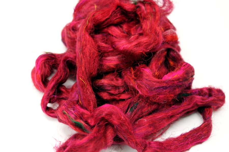 Recycled Carded Sari Silk Fibres - Scarlet 50g