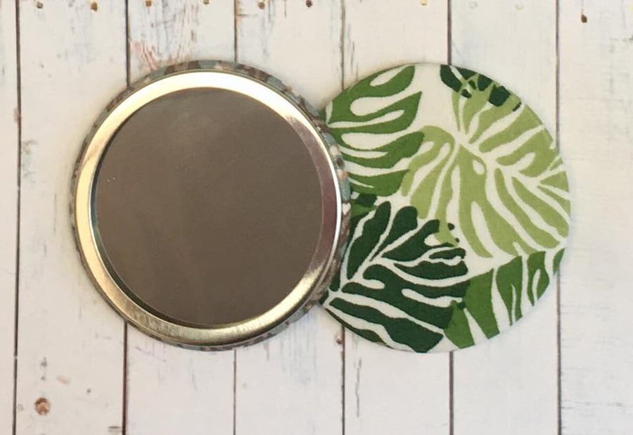 Fabric covered pocket mirrors monstera sloth flower floral retro pattern