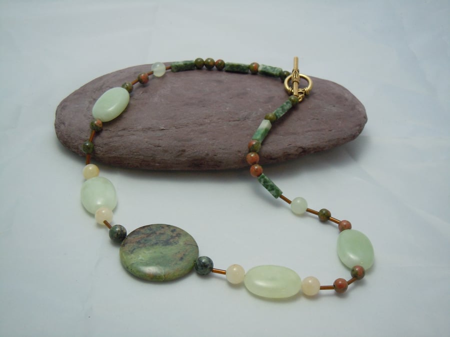 Necklace with gemstone Jade & Unakite, glass bugle beads & gold plate clasp