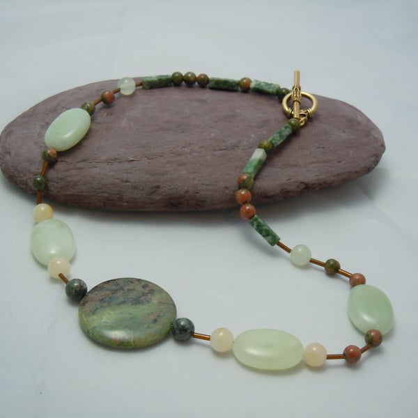 Necklace with gemstone Jade & Unakite, glass bugle beads & gold plate clasp