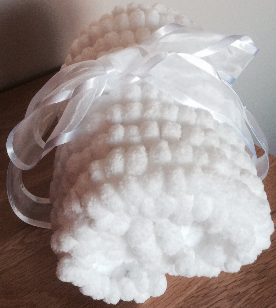 White Baby Blanket, Hand Knitted in a Chunky Pom Pom Wool