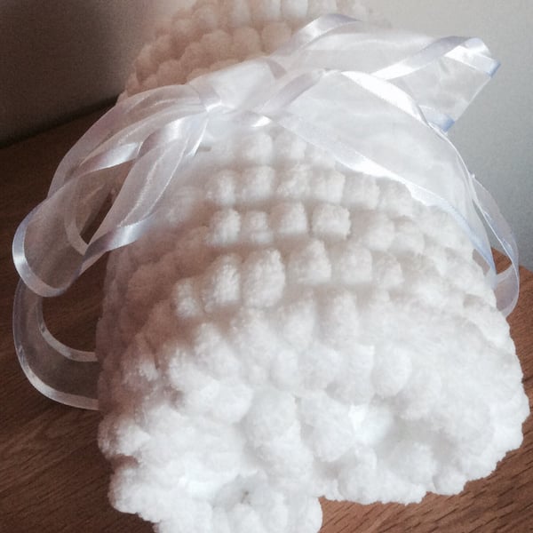 White Baby Blanket, Hand Knitted in a Chunky Pom Pom Wool