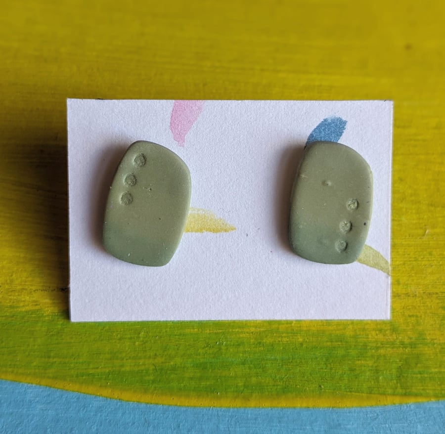 Fimo, clay, pale green stud earrings, lightweight, muted tones