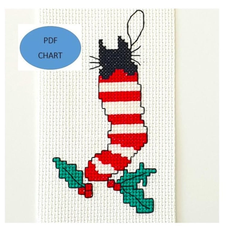 Black Cat in a stocking Christmas cross stitch Chart (Digital Download PDF)