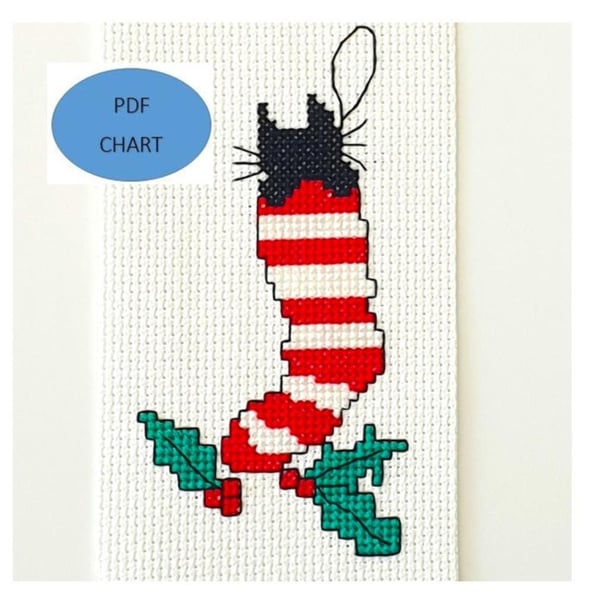Black Cat in a stocking Christmas cross stitch Chart (Digital Download PDF)