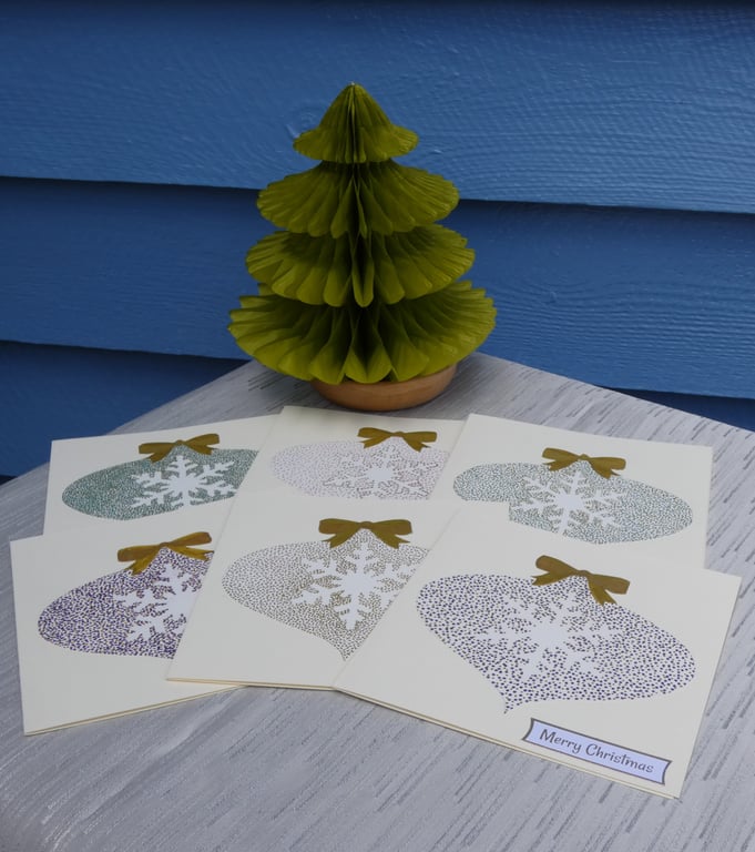 Handmade Christmas pontillism bauble cards, snowflake baubles, gold bows