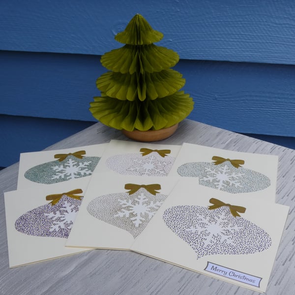 Handmade Christmas pontillism bauble cards, snowflake baubles, gold bows