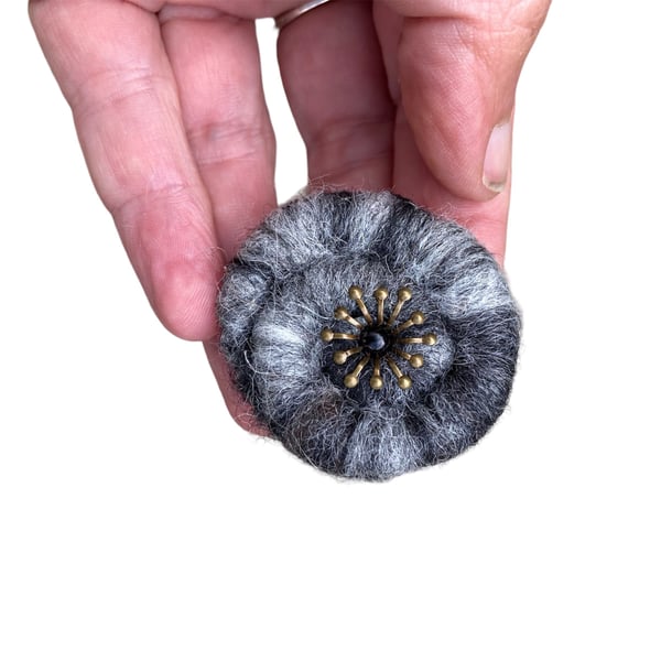 Needle felted spiral brooch in shades of grey