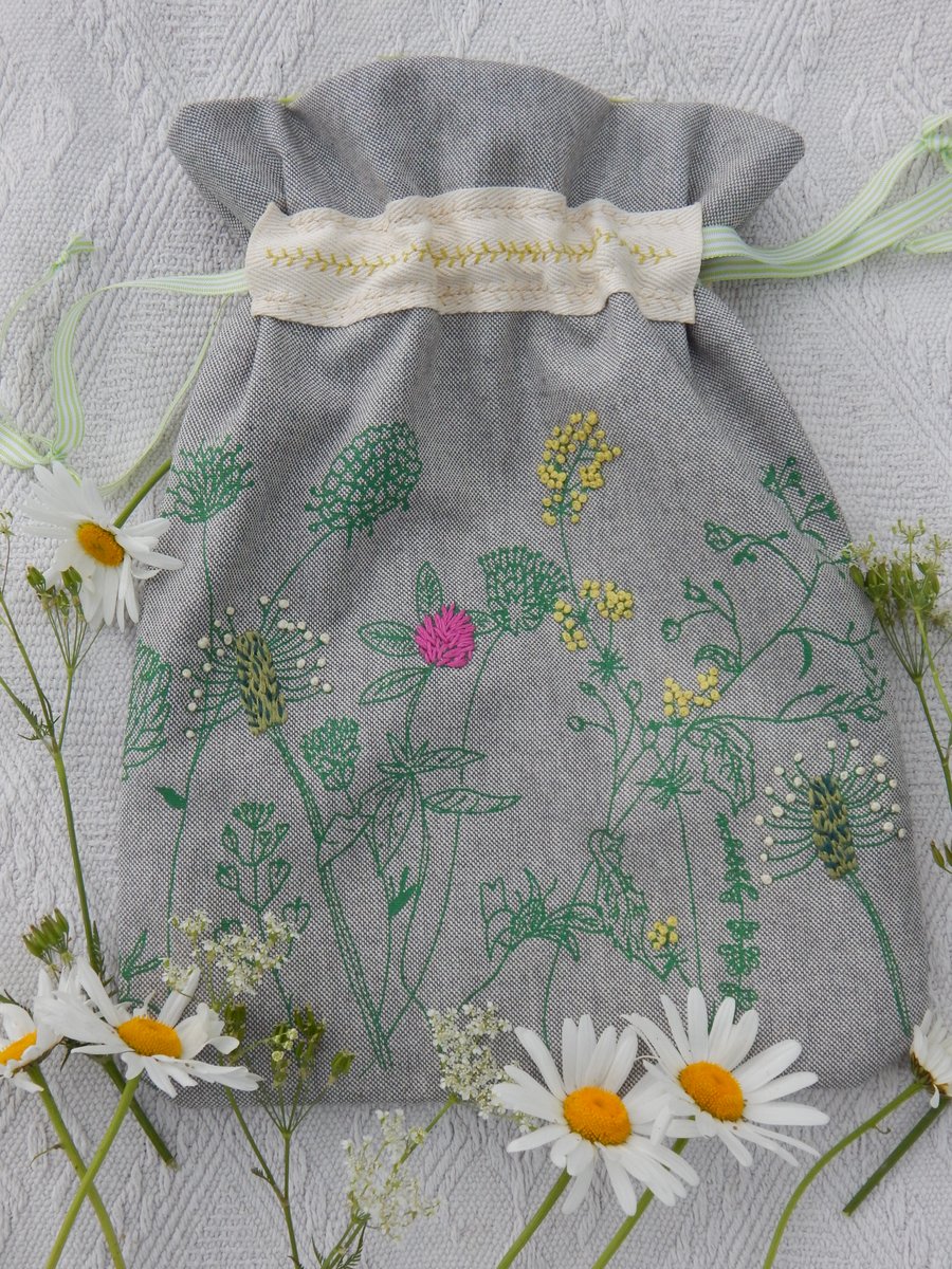 Wild flower Screen Printed and Hand embroidered- drawstring bag