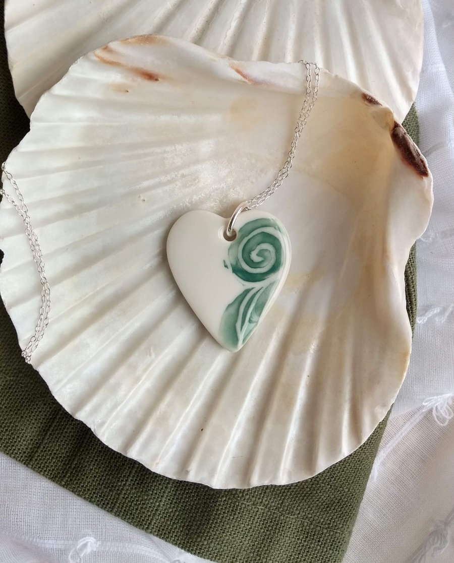 Porcelain Ceramic Heart Necklace with Teal Wave Design on Sterling Silver Chain 