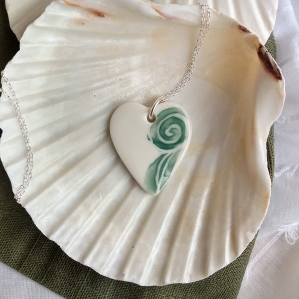 Porcelain Ceramic Heart Necklace with Teal Wave Design on Sterling Silver Chain 