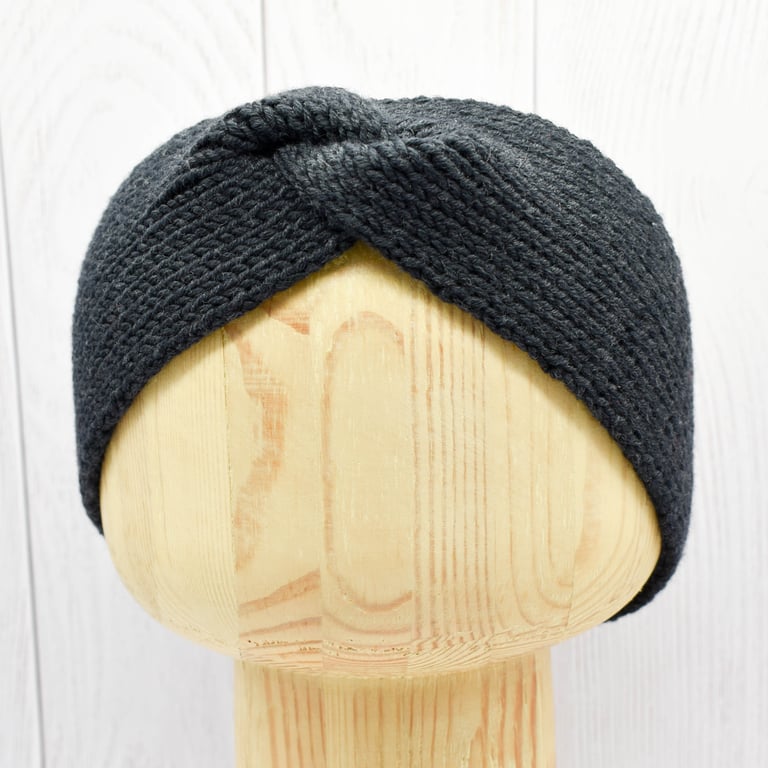 Hand Knitted headband ear warmers in black wool adult M