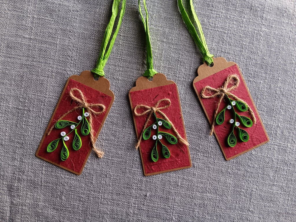 Quilled Mistletoe Unique Handcrafted Gift Tags, Pack of 3
