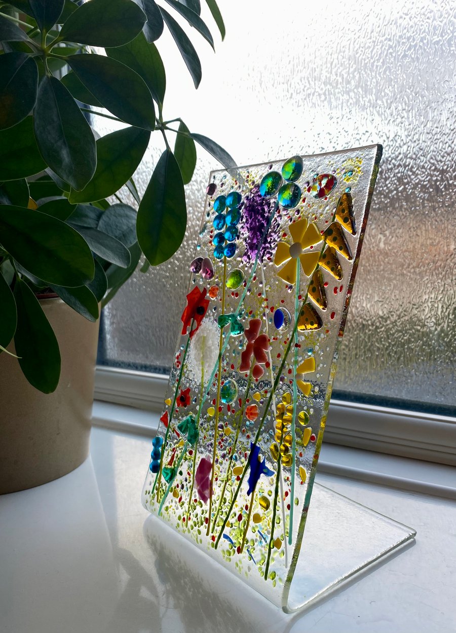 Colourful fused glass standing panel