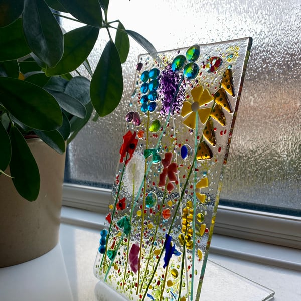Colourful fused glass standing panel