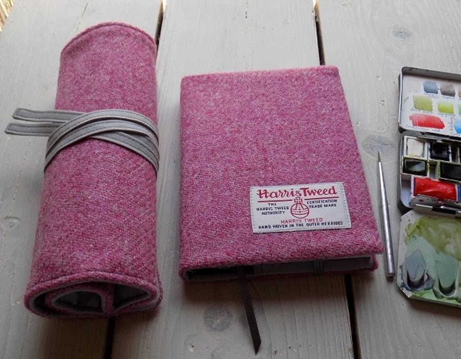 Harris Tweed artist's gift set. A6 sketchbook and pencils roll in pink