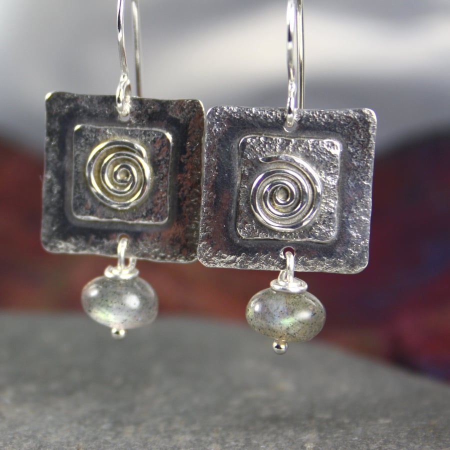 Silver and labradorite spiral earrings