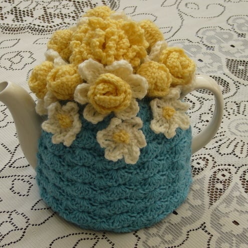 2- Cup Crochet Tea Cosy Cosie Cozy Blue with Flower Garden Top  (Made to order)