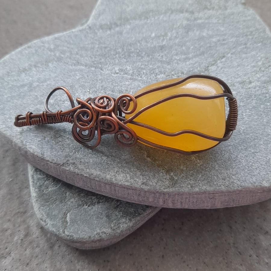 Orange Calcite Pendant Copper Wire Wrapped
