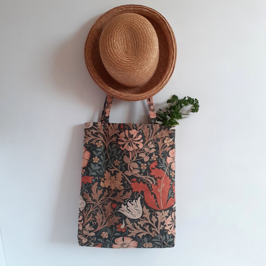 Fold up tote bag book bag and pocket in vintage print Compton by William Morris 