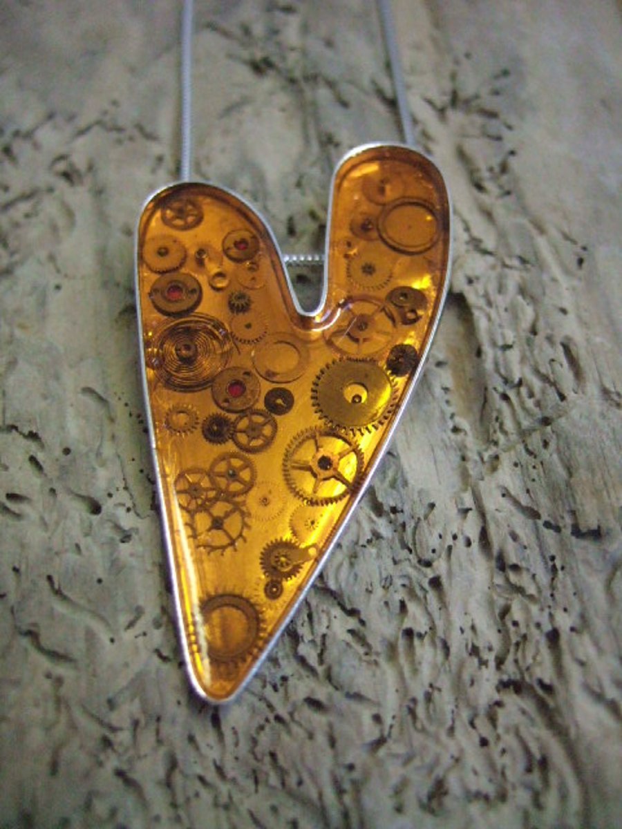 Sterling Silver & Orange Resin Heart with Cogs