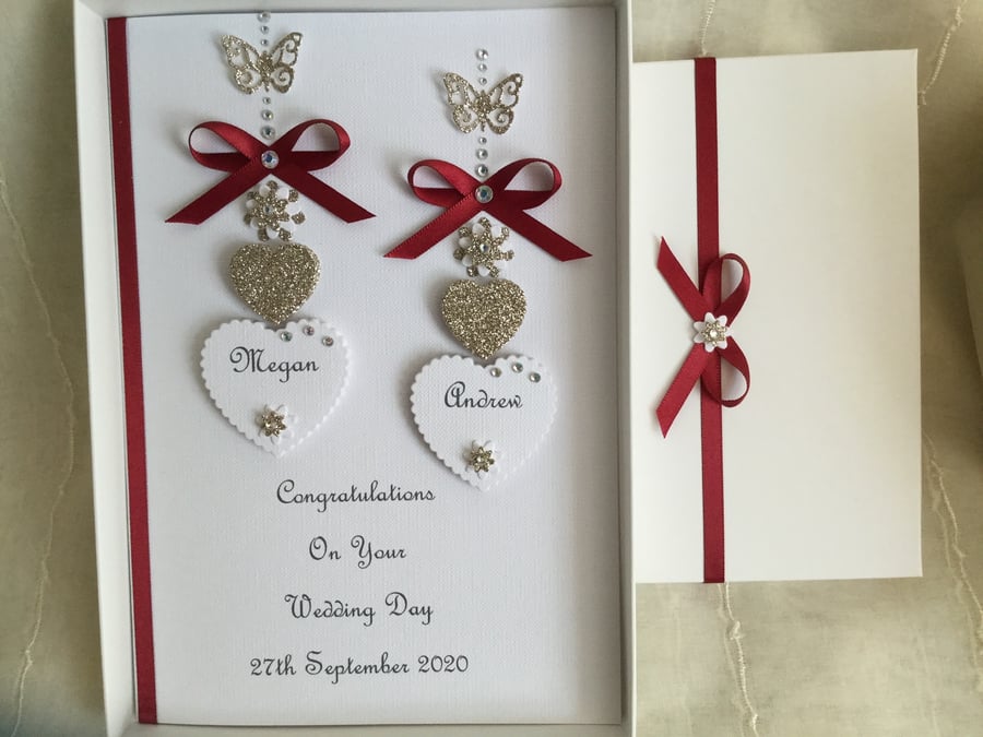 Personalised Handmade Wedding Card Claret Ribbon Gift Boxed Son Daughter 