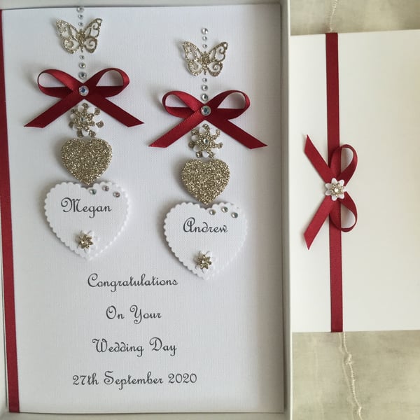 Personalised Handmade Wedding Card Claret Ribbon Gift Boxed Son Daughter 