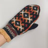 hand knitted wool mittens black orange white mittens traditional fairisle nordic