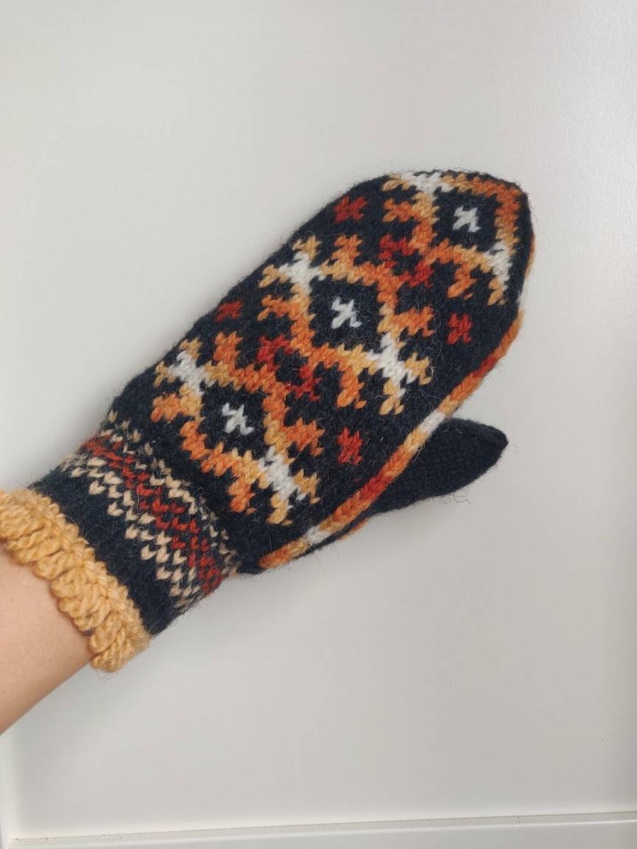 hand knitted wool mittens black orange white mittens traditional fairisle nordic