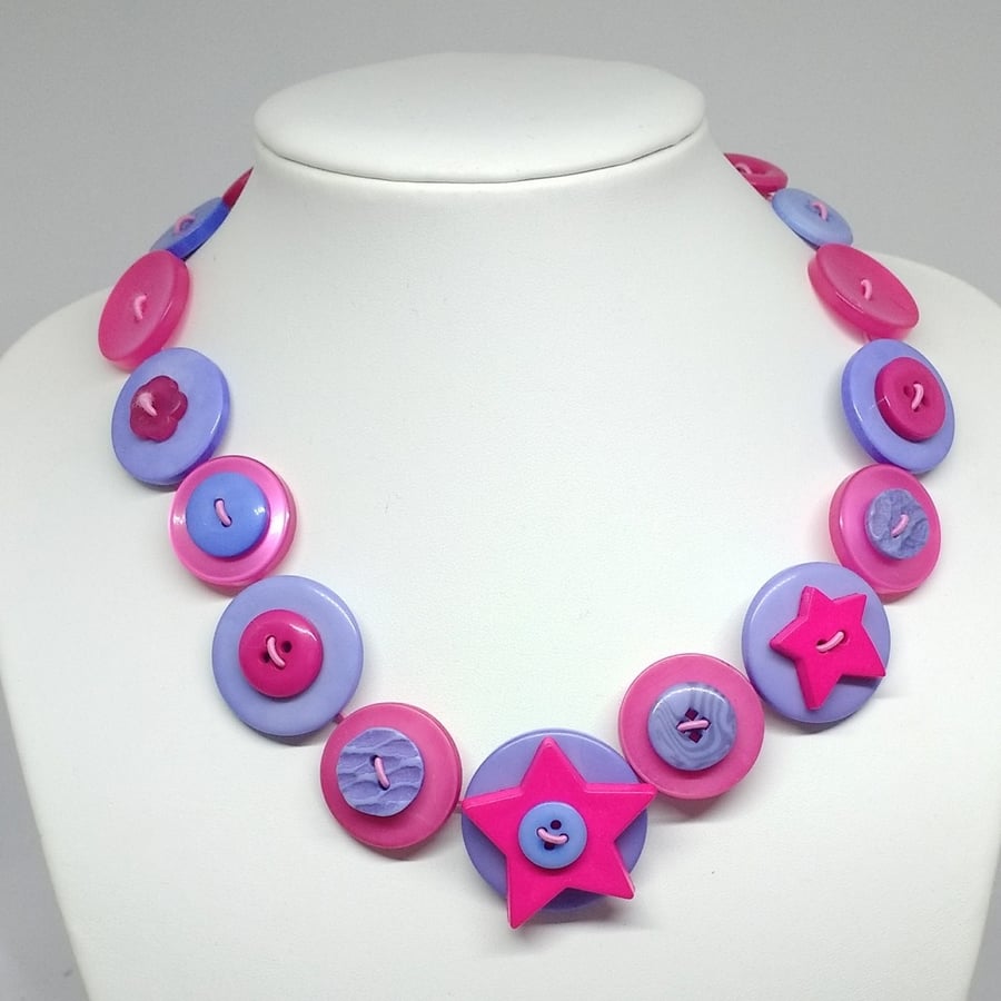 Hot Pink and Light Blue Fancy Button Necklace
