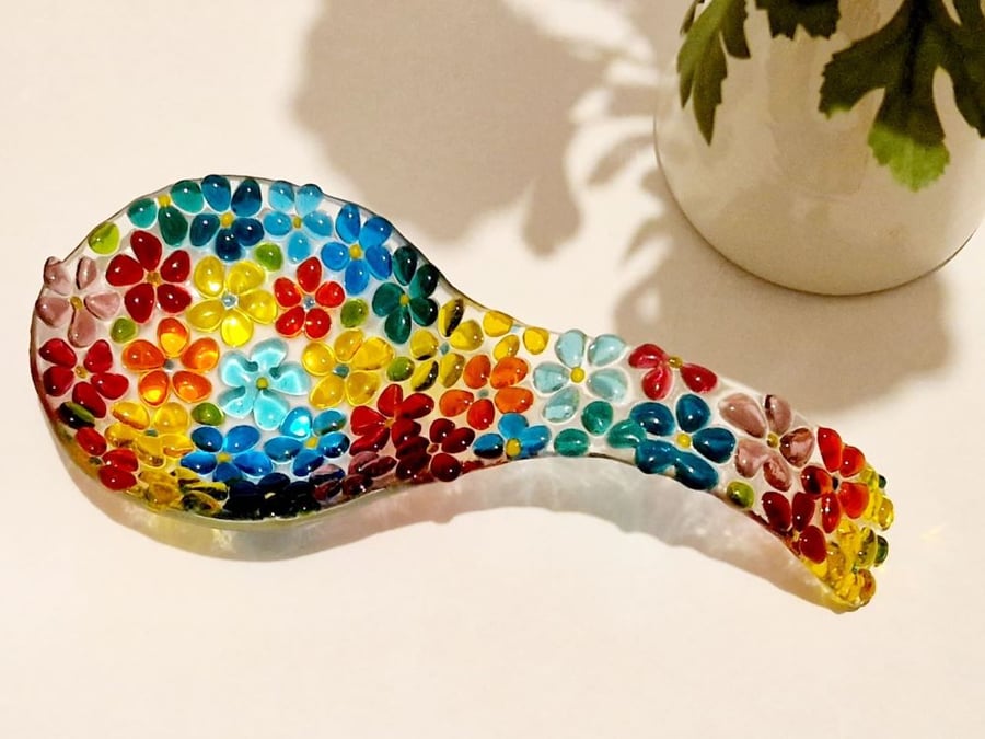 Fused glass multi-coloured ditsy spoon rest