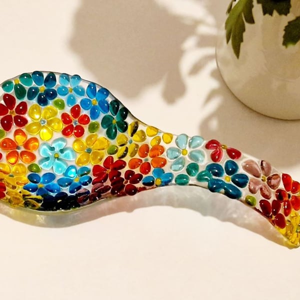 Fused glass multi-coloured ditsy spoon rest