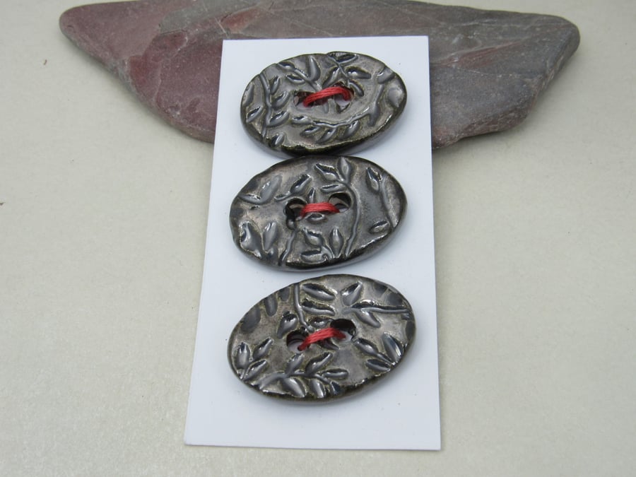 3 Medium Oval Metallic Silver Leaf Pattern Handmade Ceramic Buttons