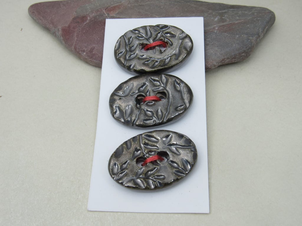 3 Medium Oval Metallic Silver Leaf Pattern Handmade Ceramic Buttons