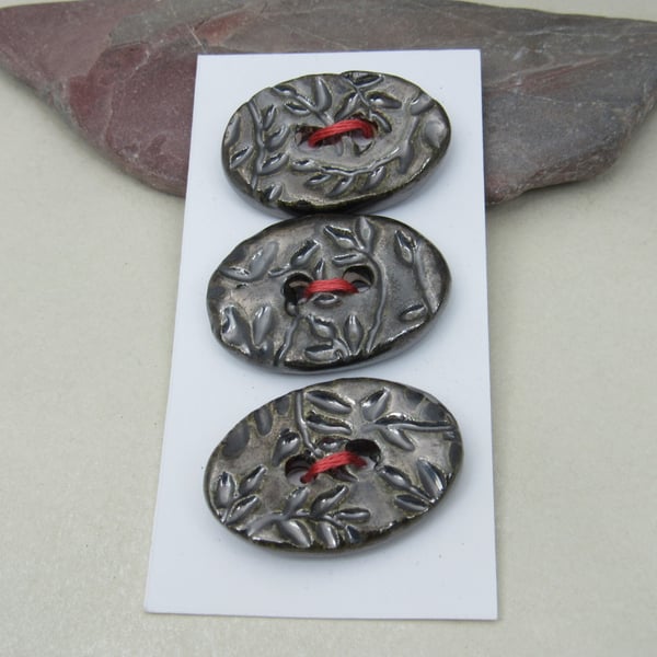 3 Medium Oval Metallic Silver Leaf Pattern Handmade Ceramic Buttons