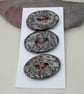 3 Medium Oval Metallic Silver Leaf Pattern Handmade Ceramic Buttons - Image 1