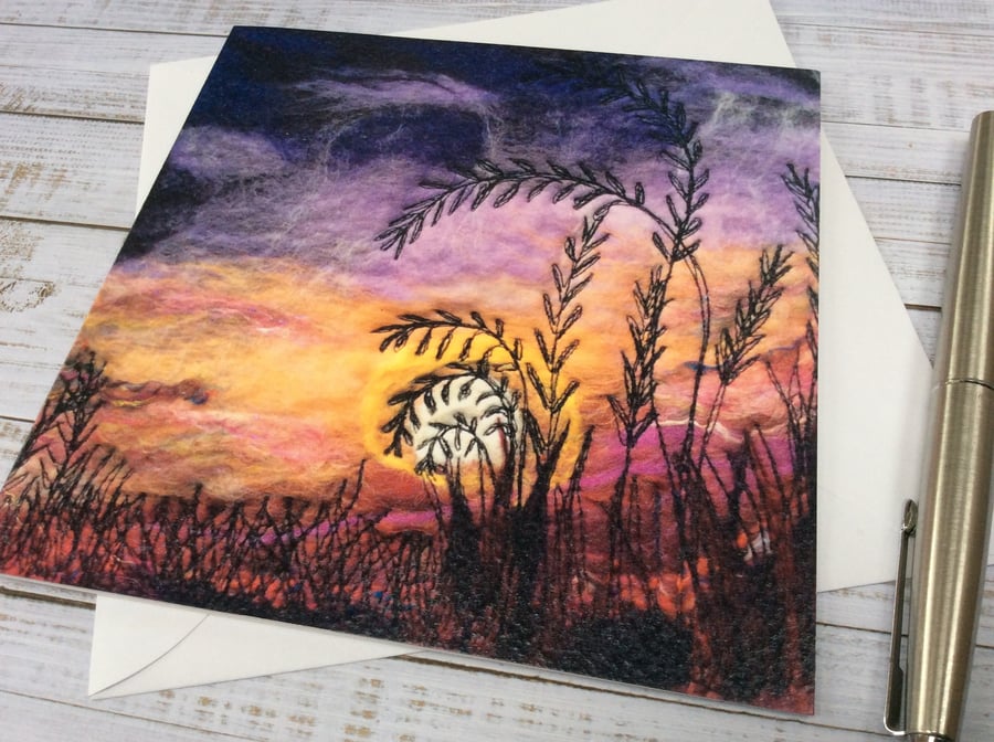 Sunset sky with plants and grasses printed card. 