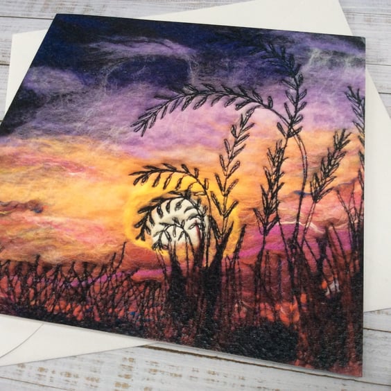 Sunset sky with plants and grasses printed card. 