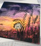 Sunset sky with plants and grasses printed card. 