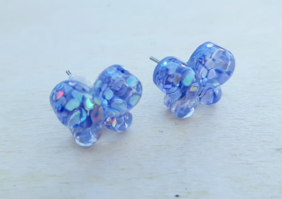 Kitsch butterfly glitter resin stud earrings purple