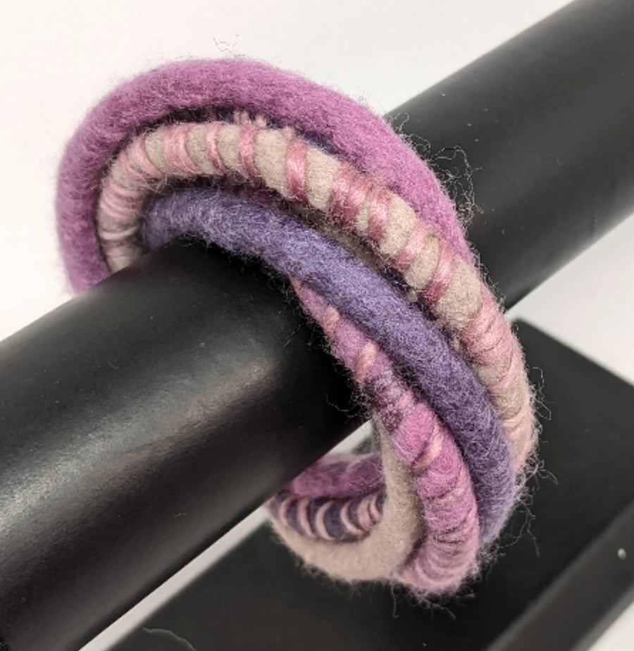 Felted cord bracelet in shades of pink heather and fawn