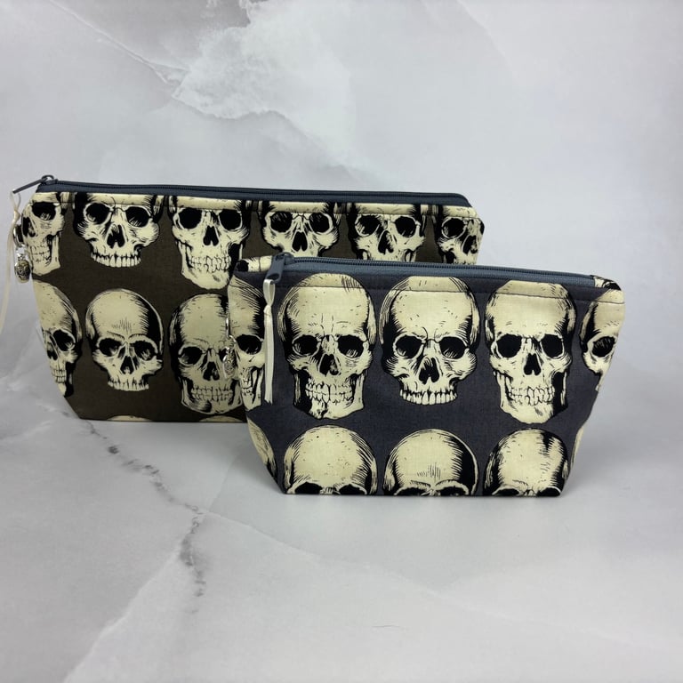 Skulls zip bag, Gothic makeup bag, 2 size options, Handmade