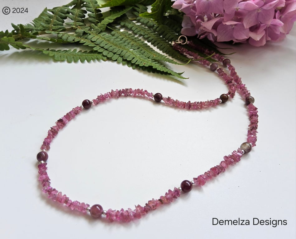 Dainty Pink Tourmaline Nugget Sterling Silver Necklace 