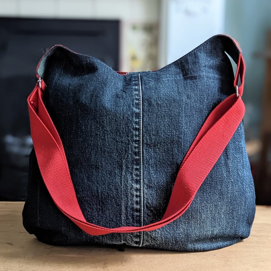 Recycled Denim Jeans Hobo Shoulder Bag Russet Silk Lining
