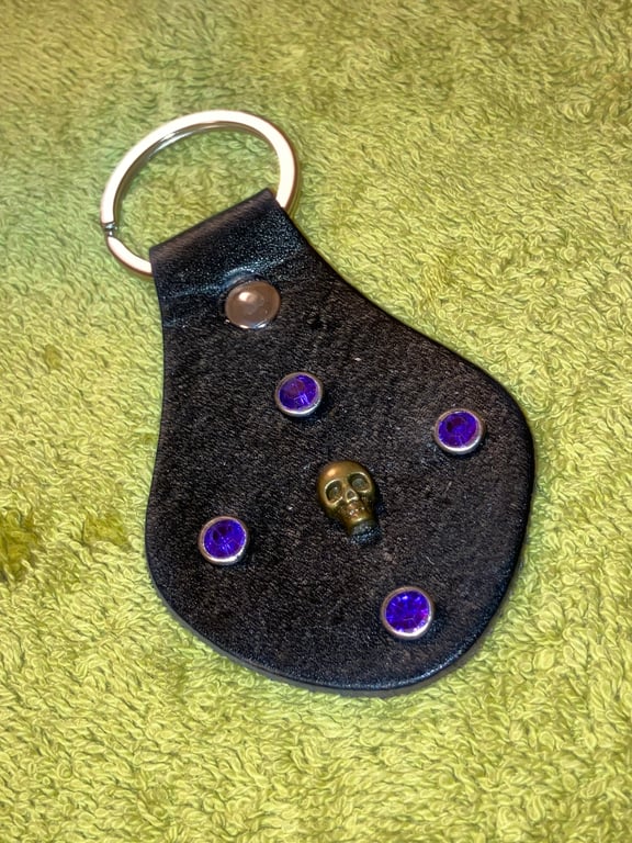 Black Leather Keyring - Skull Head with 4 Blue Gemstones - FREE SHIPPING