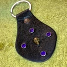 Black Leather Keyring - Skull Head with 4 Blue Gemstones - FREE SHIPPING