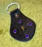 Black Leather Keyring - Skull Head with 4 Blue Gemstones - FREE SHIPPING
