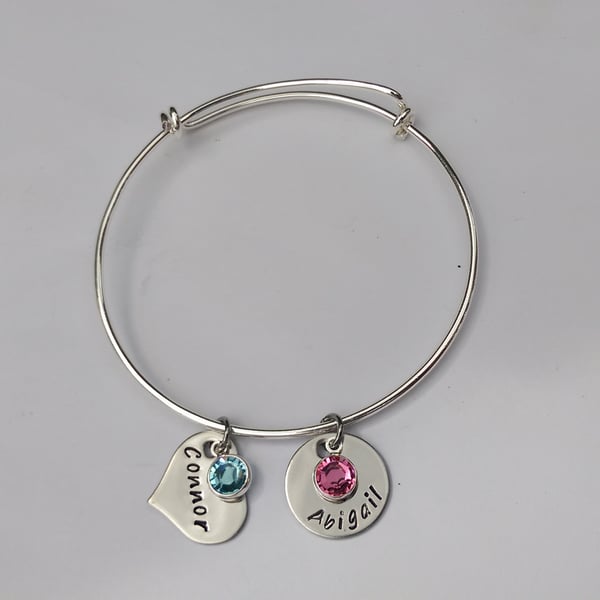 Hand Stamped personalised adjustable bracelet with name and birthdate charms